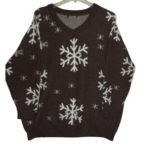 Bloomchic Sweater Womens Size 2X (22-24) Brown White snowflake v-neck acrylic